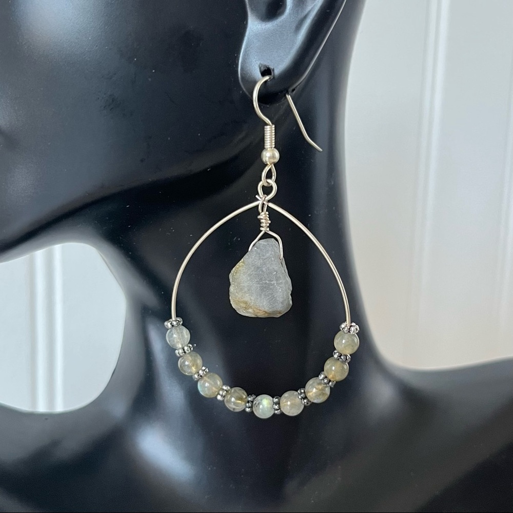 Silver & labradorite beaded hoop earrings